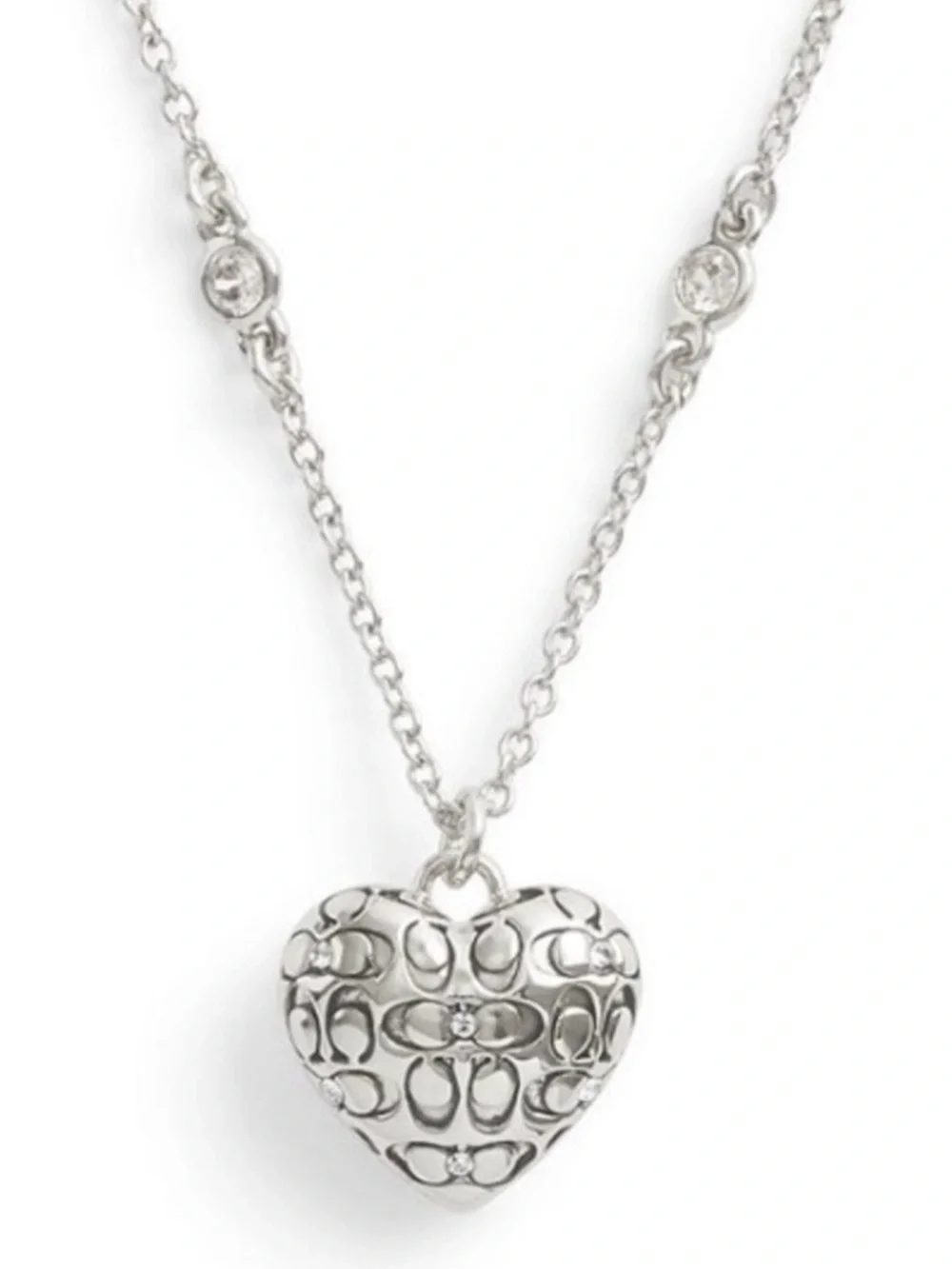 Coach Silver Tone 3D Heart Charm Pendant Necklace w/ Crystals Signature C Logos